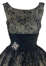 Late 1950s to Early 1960s Black Flocked Chiffon Party Dress- New!