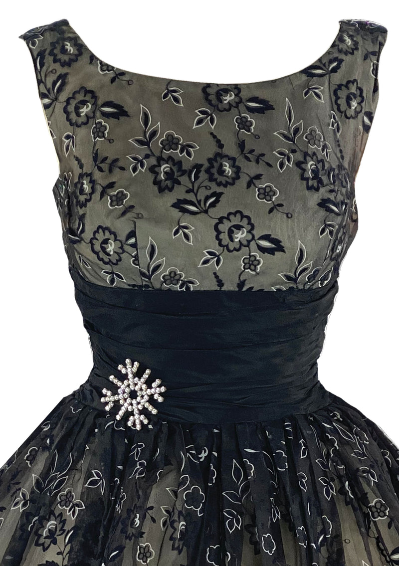 Late 1950s to Early 1960s Black Flocked Chiffon Party Dress- New!