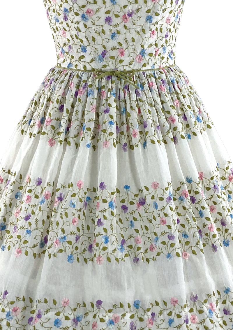 Lovely 1950s White Cotton Embroidered Dress- New!
