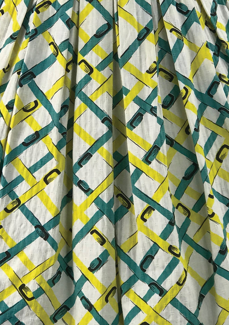 Early 1960s Turquoise and Yellow Cotton Link Dress New!