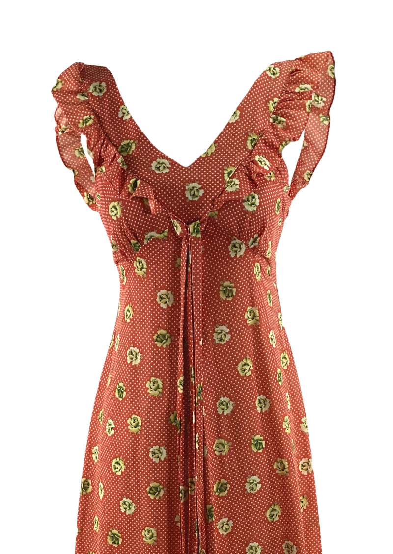 1970s Rose Print Maxi Dress with Frills