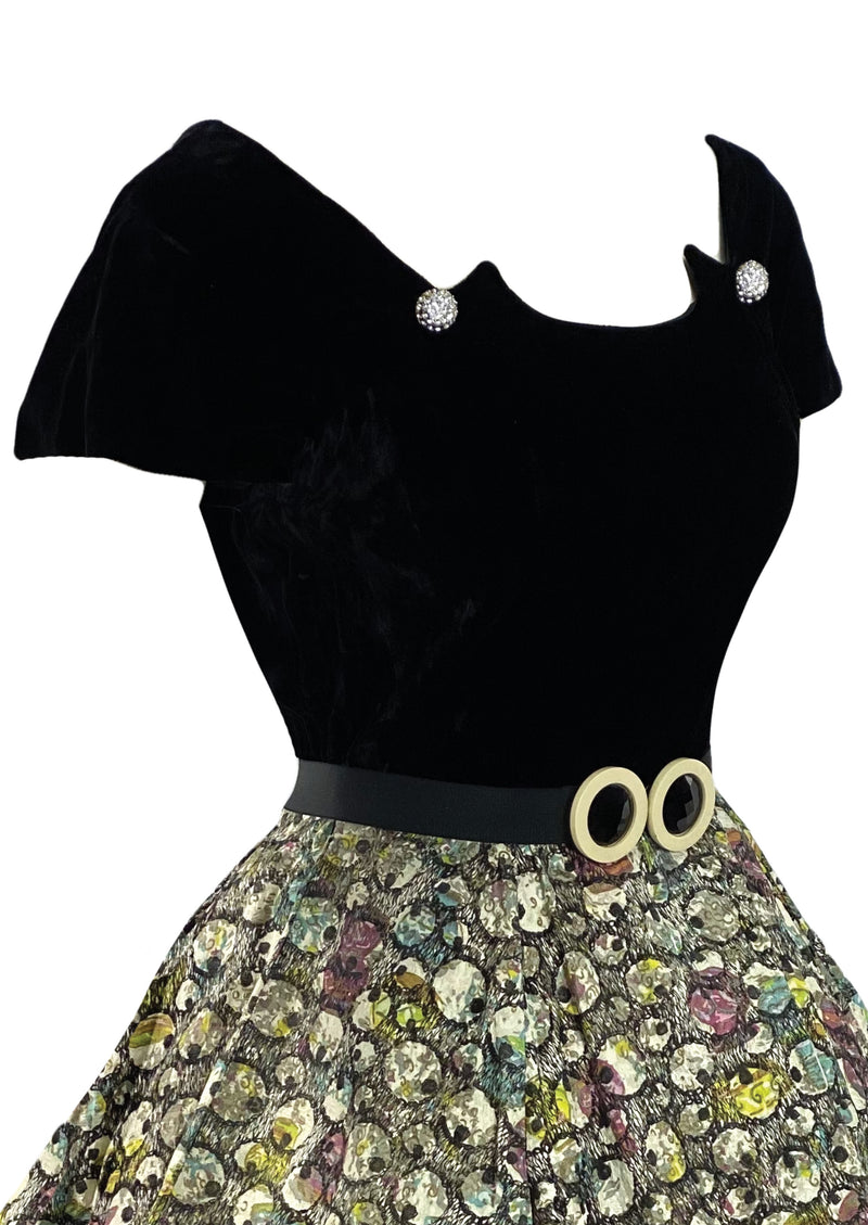Early 1950s Black Velvet and Taffeta Peacock Flocked Dress - New!