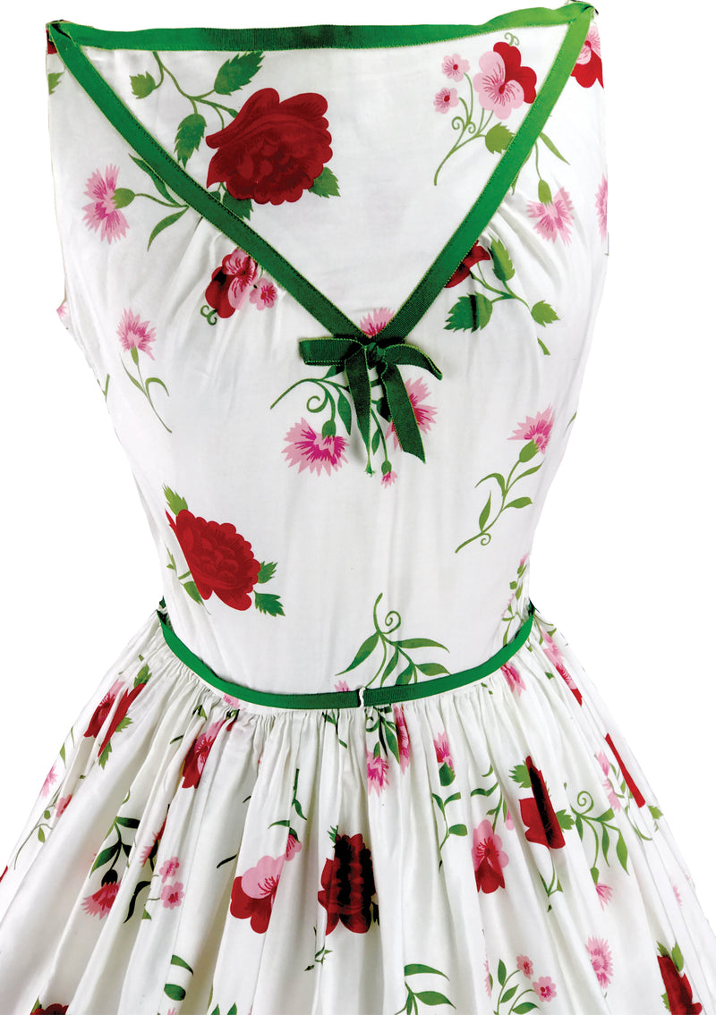 1950s Pink/Red Carnations & Roses on White Cotton Dress  - New!