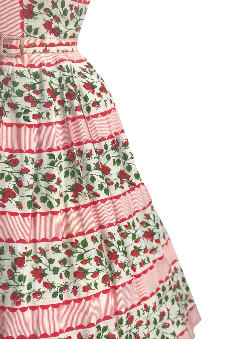 Late 1950s Early 1960s Rosebuds and Stripes Dress - New!