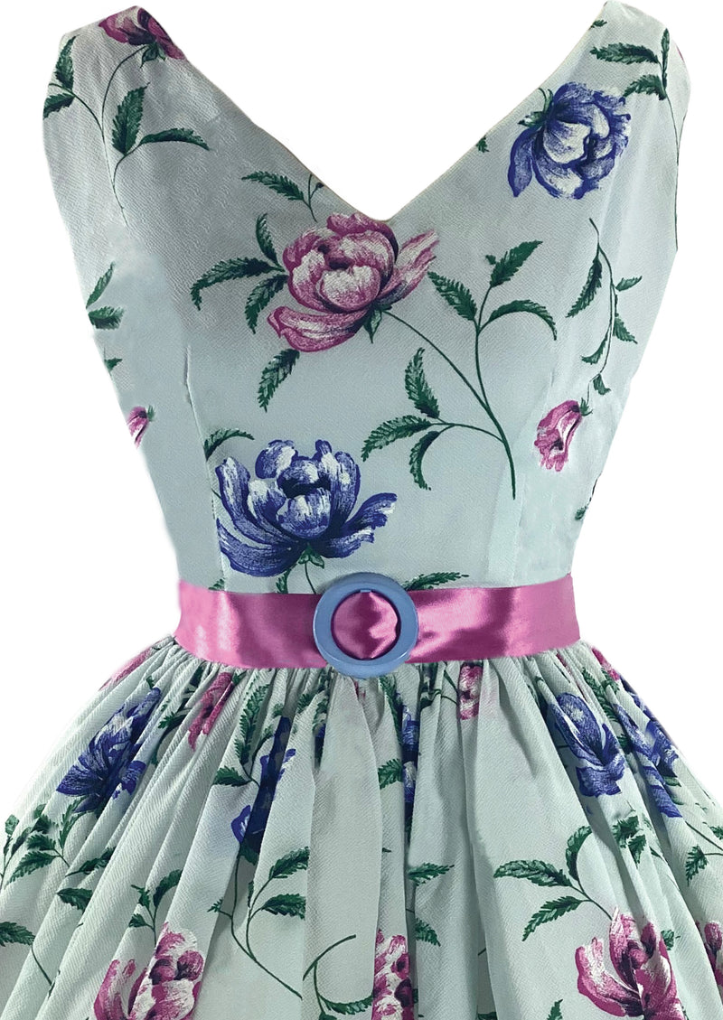 Lovely Late 1950s Blue Floral Seersucker Dress- New!