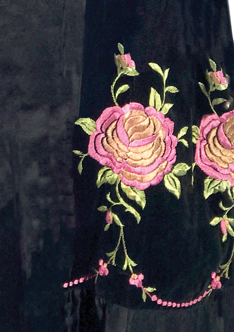 Vintage 1920s Black Velvet Coat with Pink Floral Embroidery  - New!