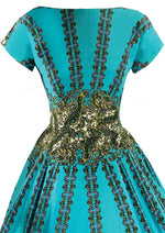 Vintage 1950s Italian Designer Turquoise Blue Cottob Dress- New!