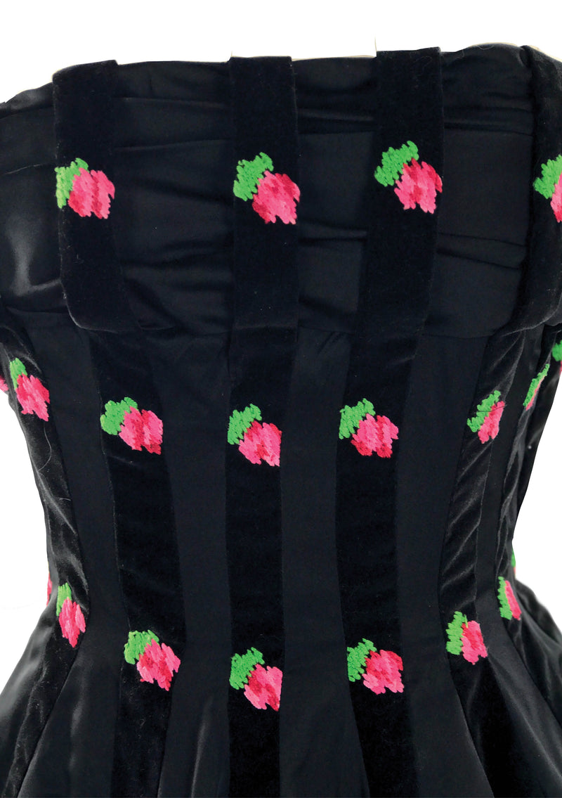1950s Pink Roses Embroidered Black Satin Party Dress - New!