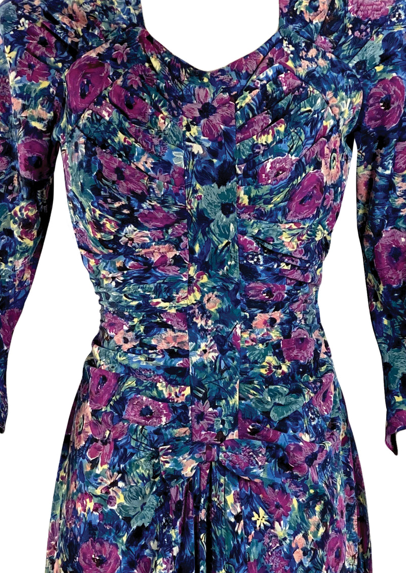 1940s Muted Blue and Purple Floral Rayon Jersey Dress - New!