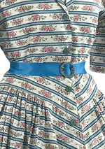Vintage 1950s Pink Floral Cotton with Blue Stripes- New!