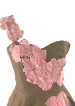 1950s Chocolate Linen and Pink Velvet Applique Dress- New!
