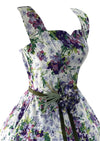 Stunning 1950s Violet Sprays Cotton Designer Dress with Rhinestones - New!