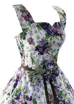 Stunning 1950s Violet Sprays Cotton Designer Dress with Rhinestones - New!