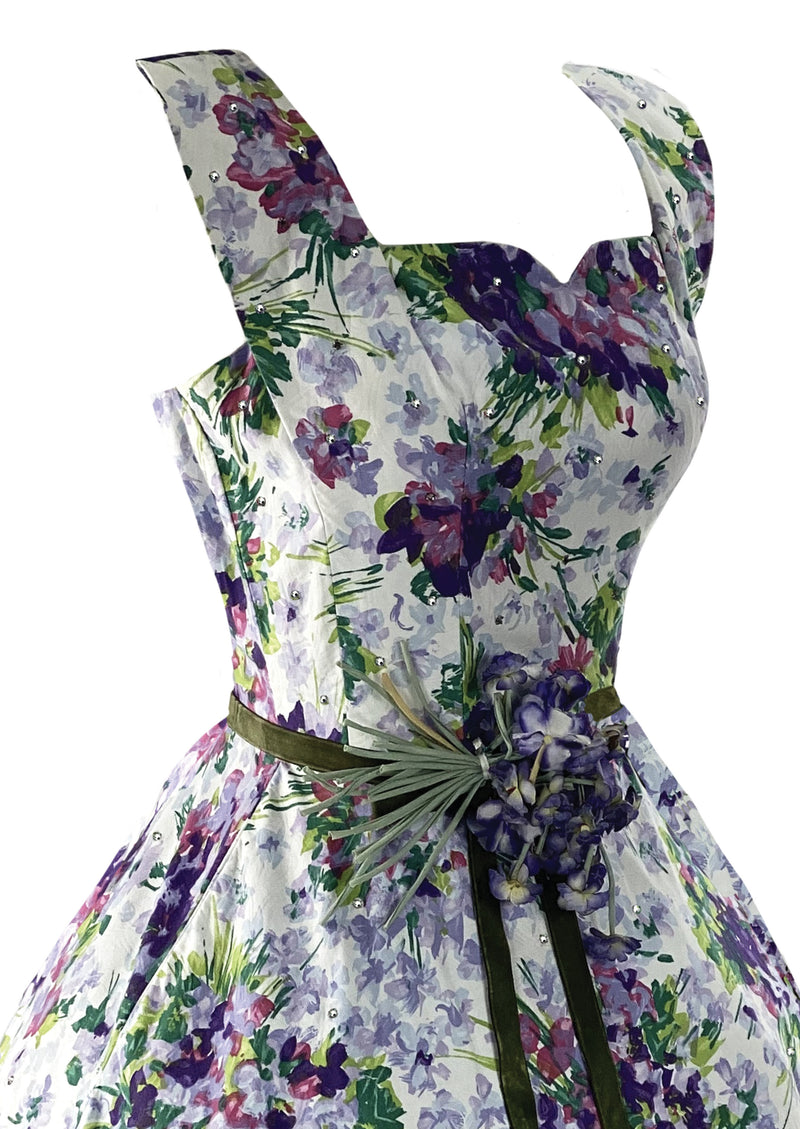 Stunning 1950s Violet Sprays Cotton Designer Dress with Rhinestones - New!