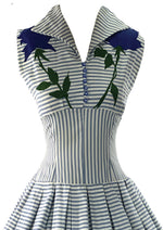 Late 1950s Deadstock Striped Cotton Dress with Indigo Blue Roses - New!