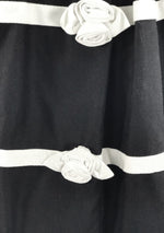 1950s Black Pique Dress with Ivory Rose Appliques & Banding  - New!