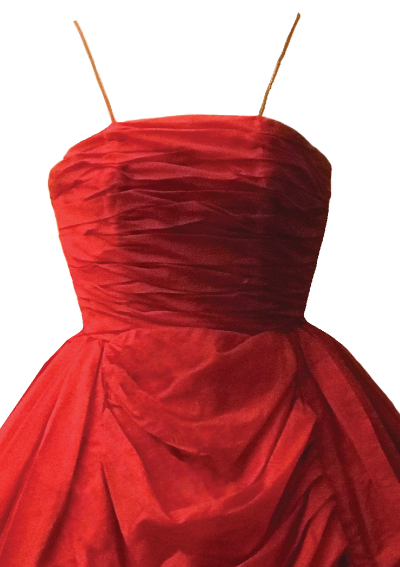 Stunning 1950s Red Organza Draped Cocktail Dress - New!