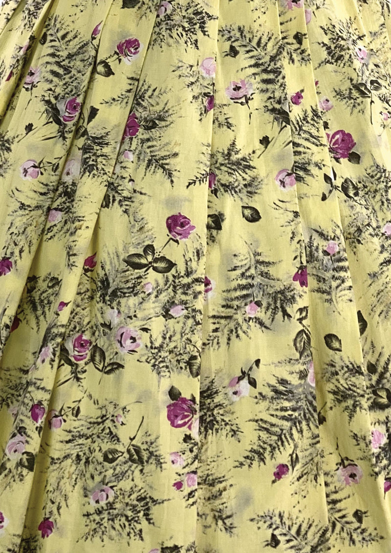 1950s Creamy Buttercup Yellow Cotton Dress with Rose Print- New!