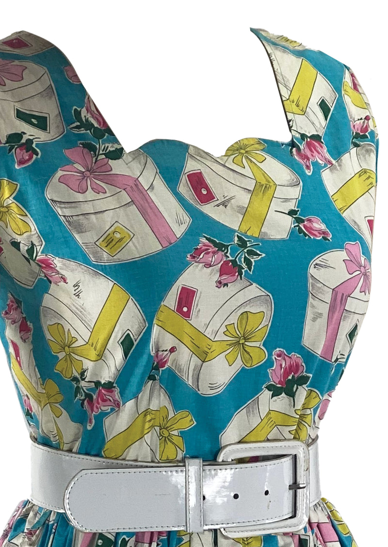 Vintage Late 1950s Hat Boxes and Roses Novelty Print- NEW!