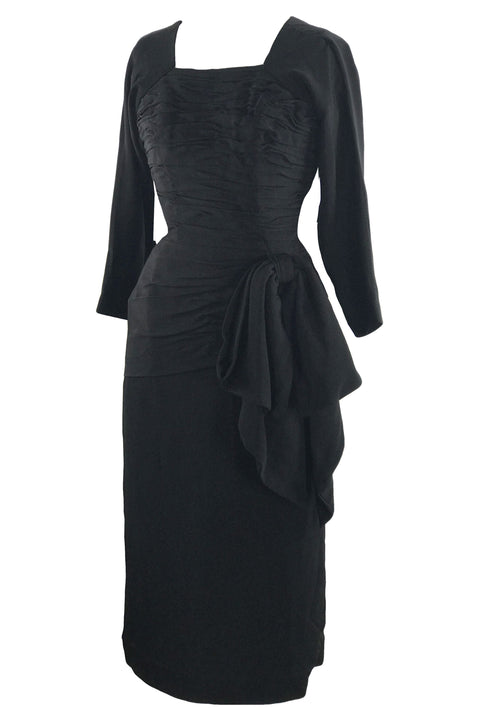 Late 1940s Early 1950s Black Designer Rayon Draped Dress - New!