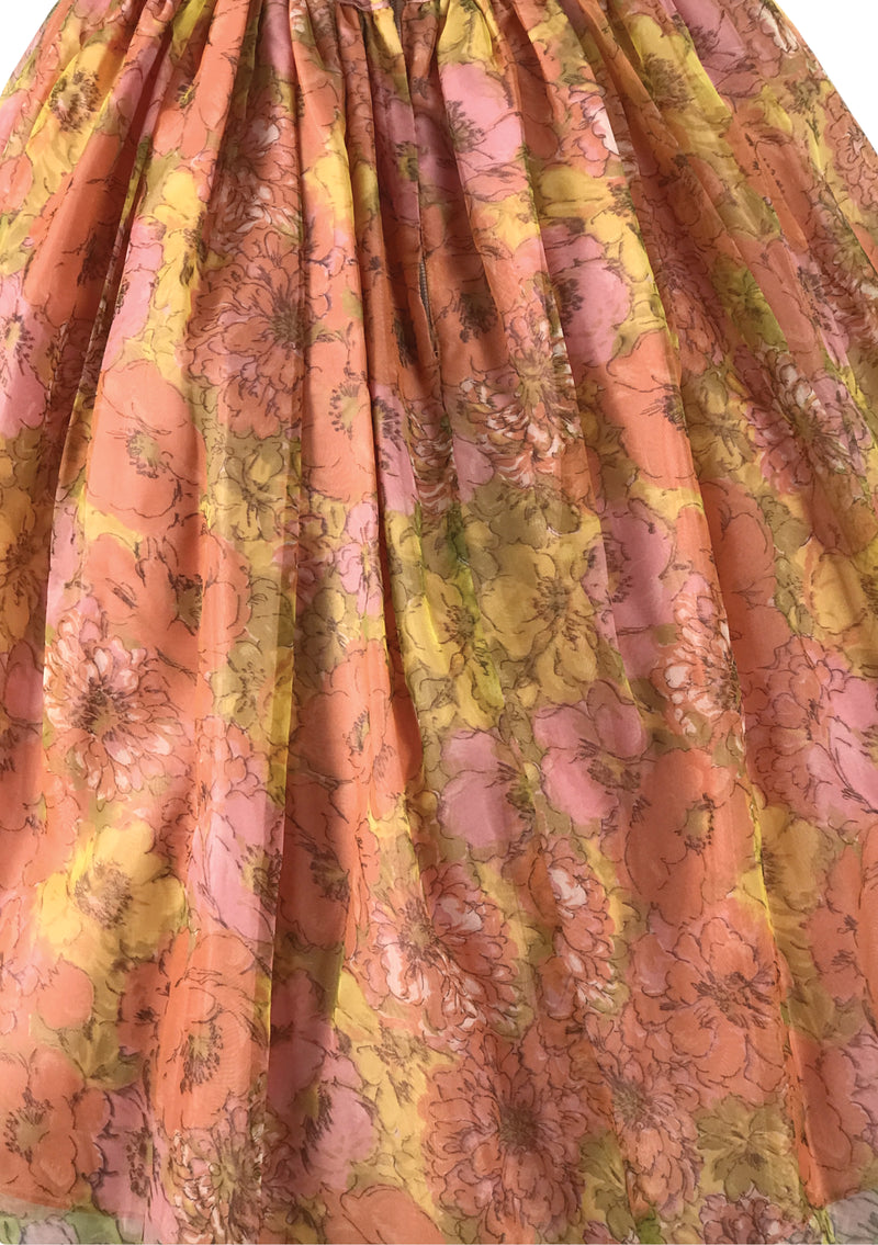 Original 1950s Peach Pink Floral Chiffon Party Dress - New!