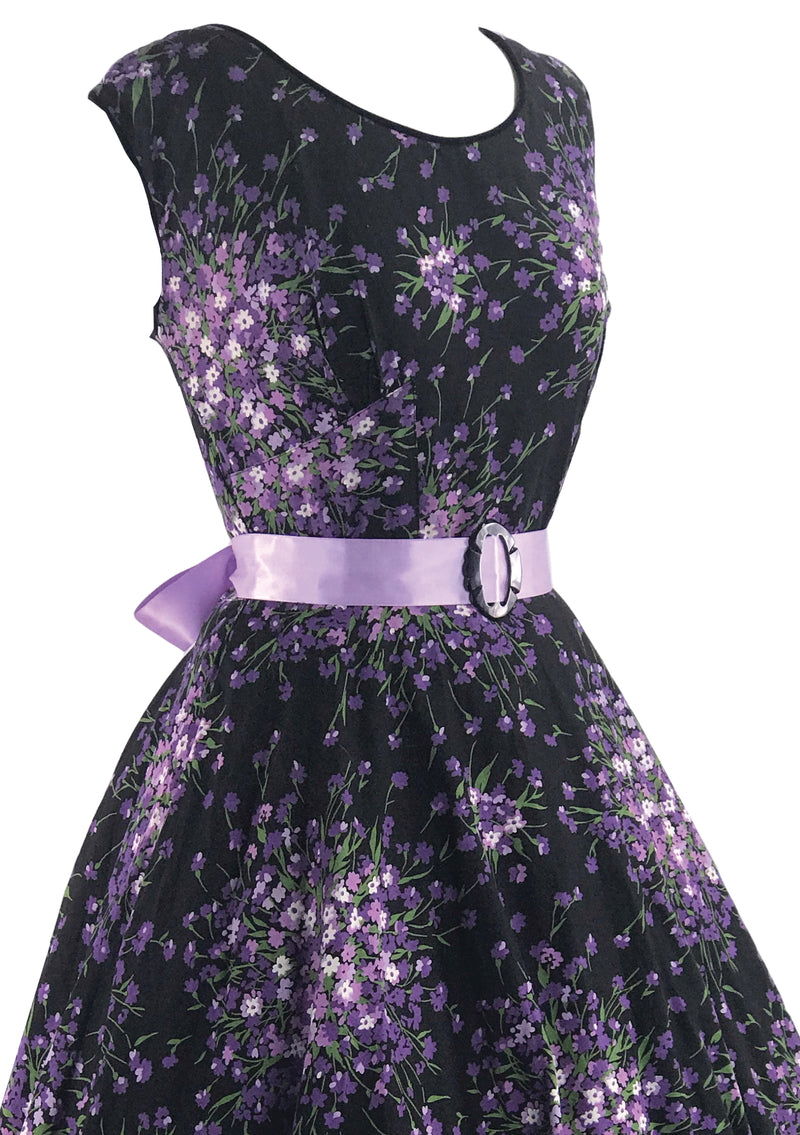 1950s Purple Floral Sprays on Black Cotton Dress- New!