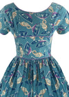 1950s Novelty Print Teal Blue Cotton Dress- New!