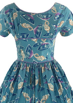 1950s Novelty Print Teal Blue Cotton Dress- New!