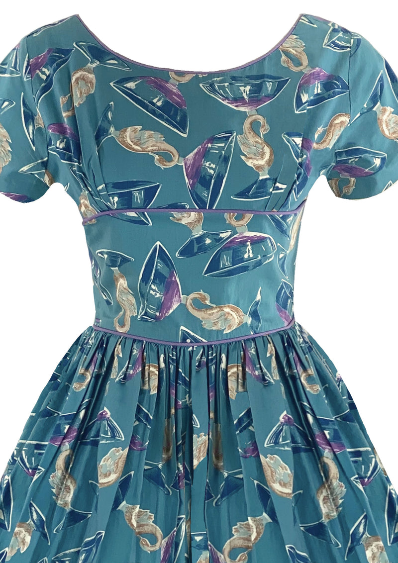 1950s Novelty Print Teal Blue Cotton Dress- New!