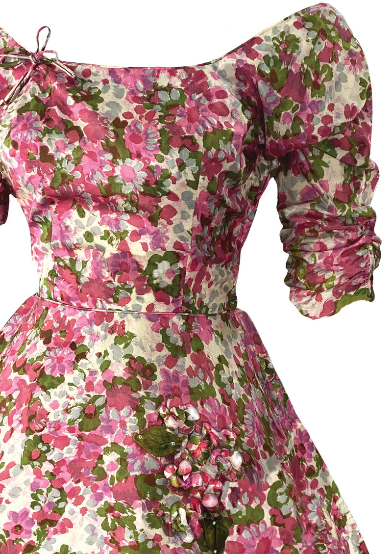 Eye-Catching 1950s Pink Floral 3D Applique Silk Dress - New!