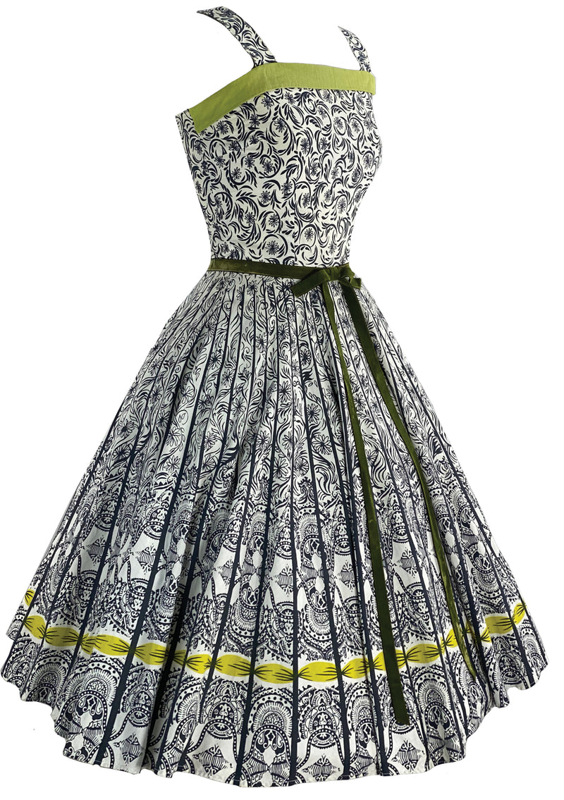 Vintage 1950s B&W Cotton Sundress Ensemble with Chartreuse- New!