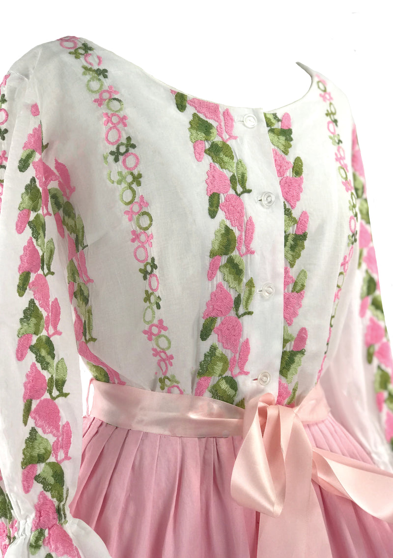 Vintage Late 1950s Early 1960s Pink Embroidered Cotton Dress- New!