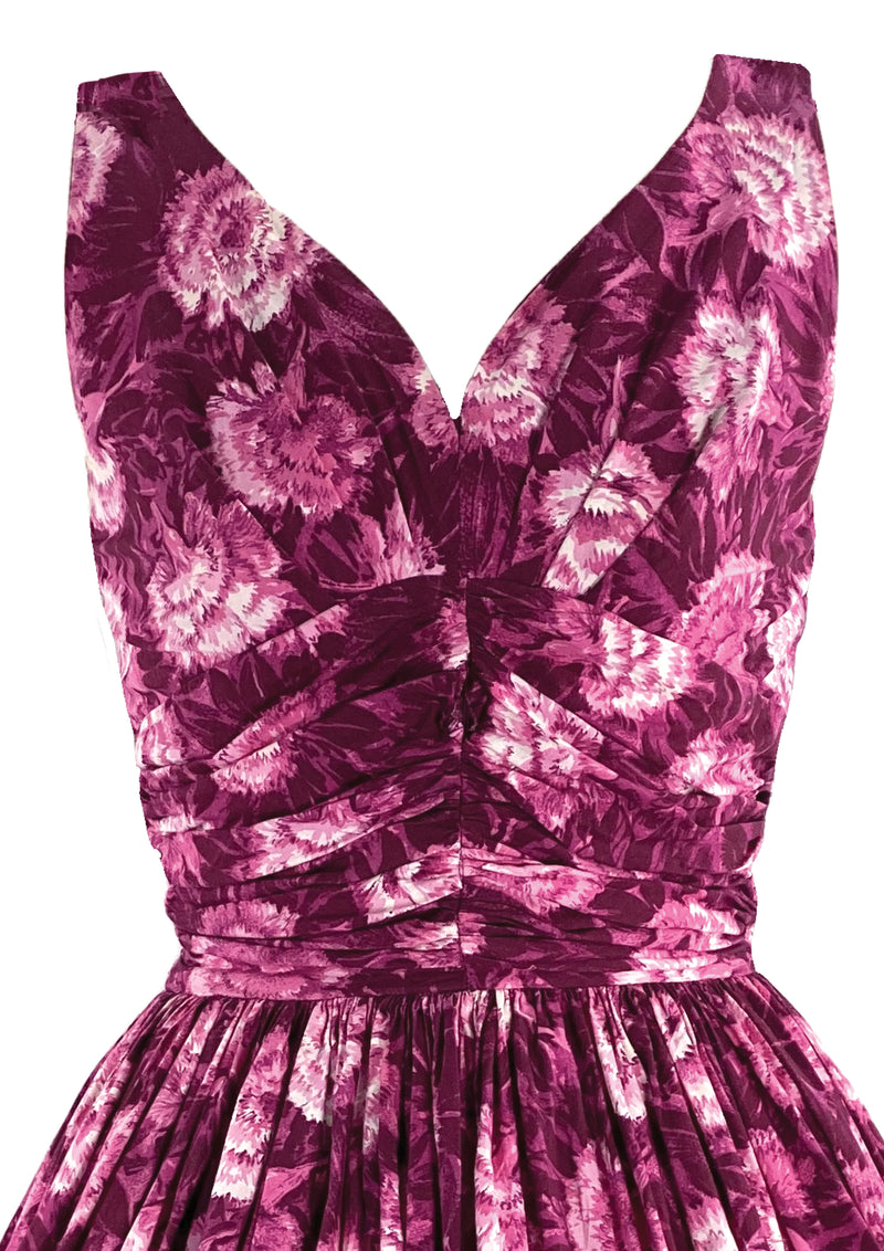 1950s Magenta Carnations Print Cotton Dress -  New!