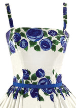 Late 1950s Blue Roses Designer Cotton Dress - NEW!