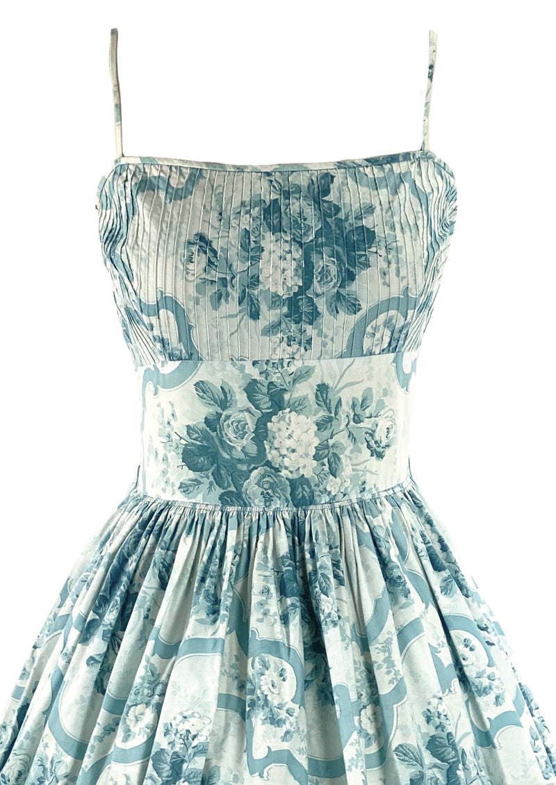 Vintage 1950s Blue Roses Scroll Cotton Sundress- New!