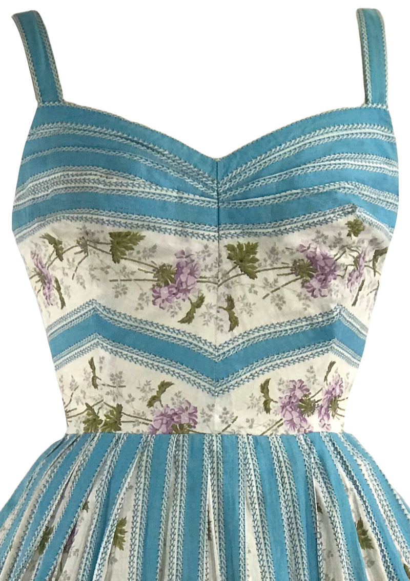1950s Printed Blue Ribbon Stripes and Violets Dress- New!