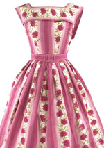 Vintage 1950s Pink Carnations & Stripes Cotton Dress - New!