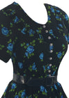 Late 1950s Early 1960s Black Cotton with Blue Roses Dress - NEW!