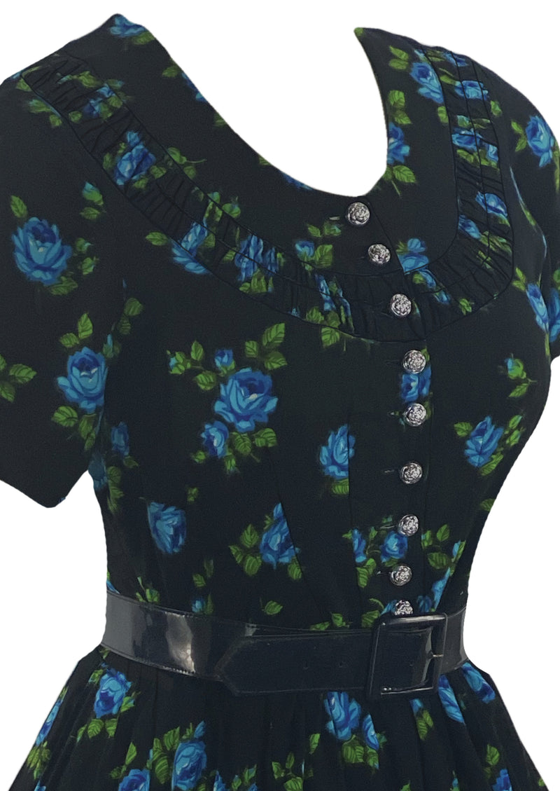 Late 1950s Early 1960s Black Cotton with Blue Roses Dress - NEW!