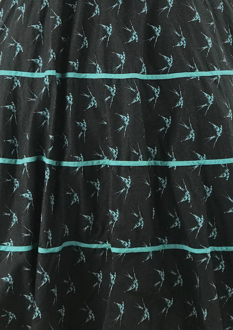 1950s Strapless Aqua Swallows Black Cotton Dress - New!