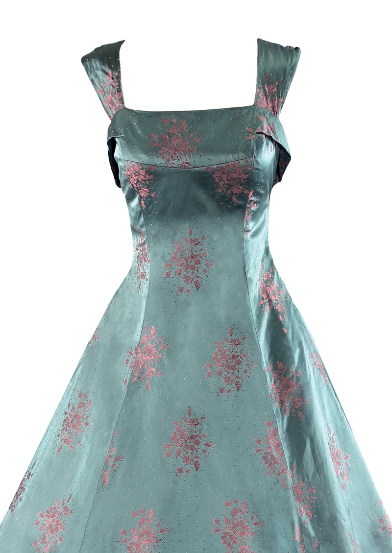 Vintage Late 1950s Pink and Blue Floral Brocade Cocktail Dress- NEW!