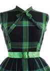 Vintage 1950s Black & Green Plaid Cotton Dress- New!