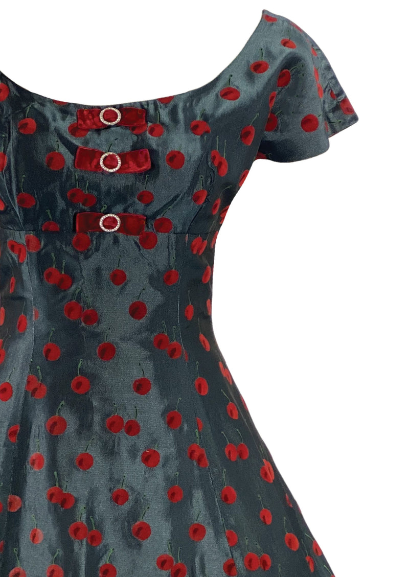 Stunning 1950s British Designer Flocked Cherries Dress- New!