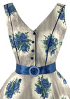Vintage 1950s Blue Cameo Roses Cotton Dress- New!