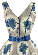 Vintage 1950s Blue Cameo Roses Cotton Dress- New!