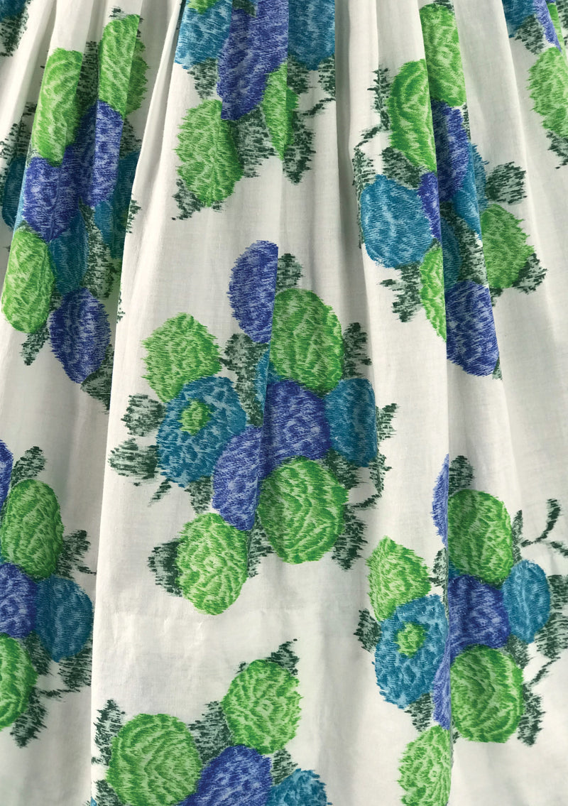 Vintage 1950s Blue Green Geranium Sprays Cotton Dress - New!