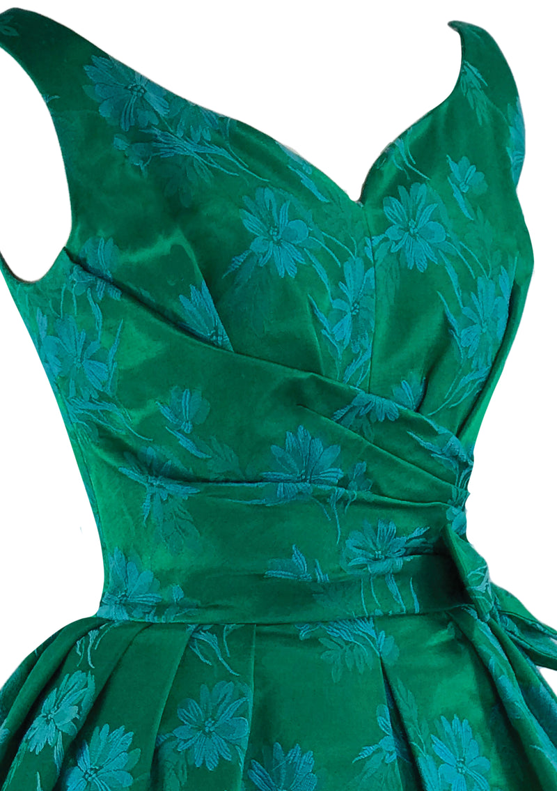 Late 1950s Early 1960s Green Floral Brocade Party Dress- New!
