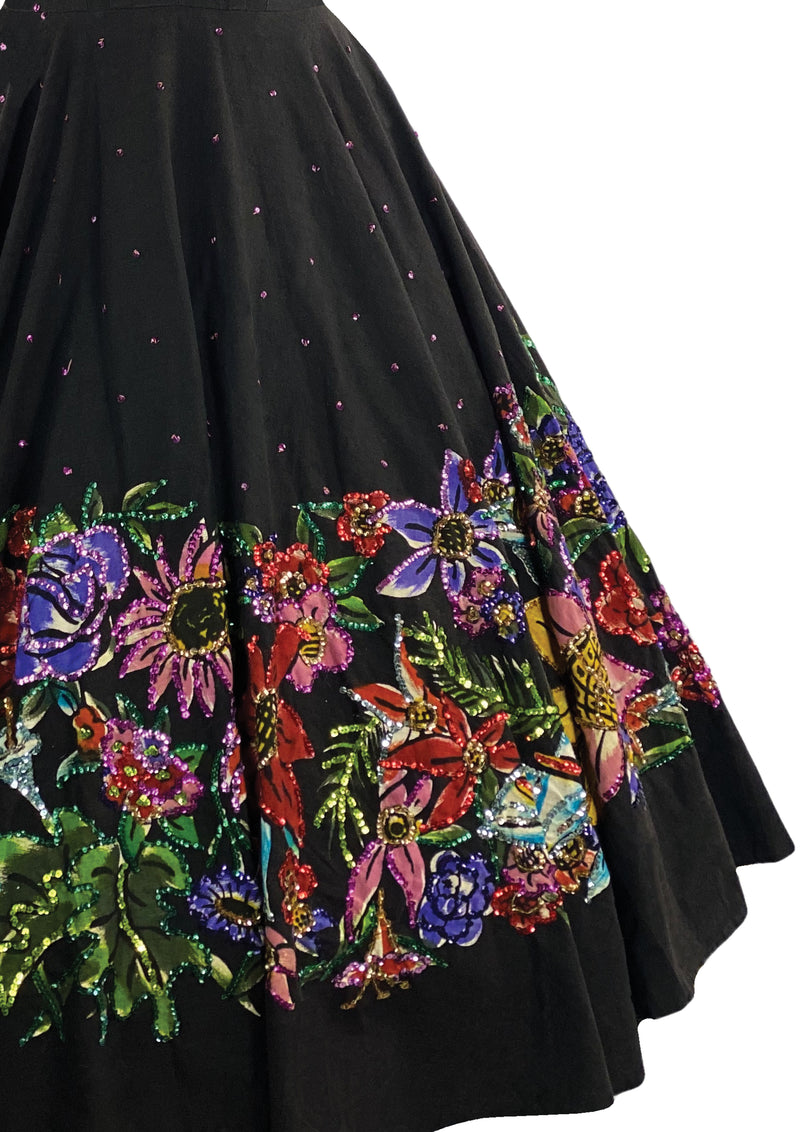 Spectacular 1950s Black Cotton Dress with Floral Appliqués - New!