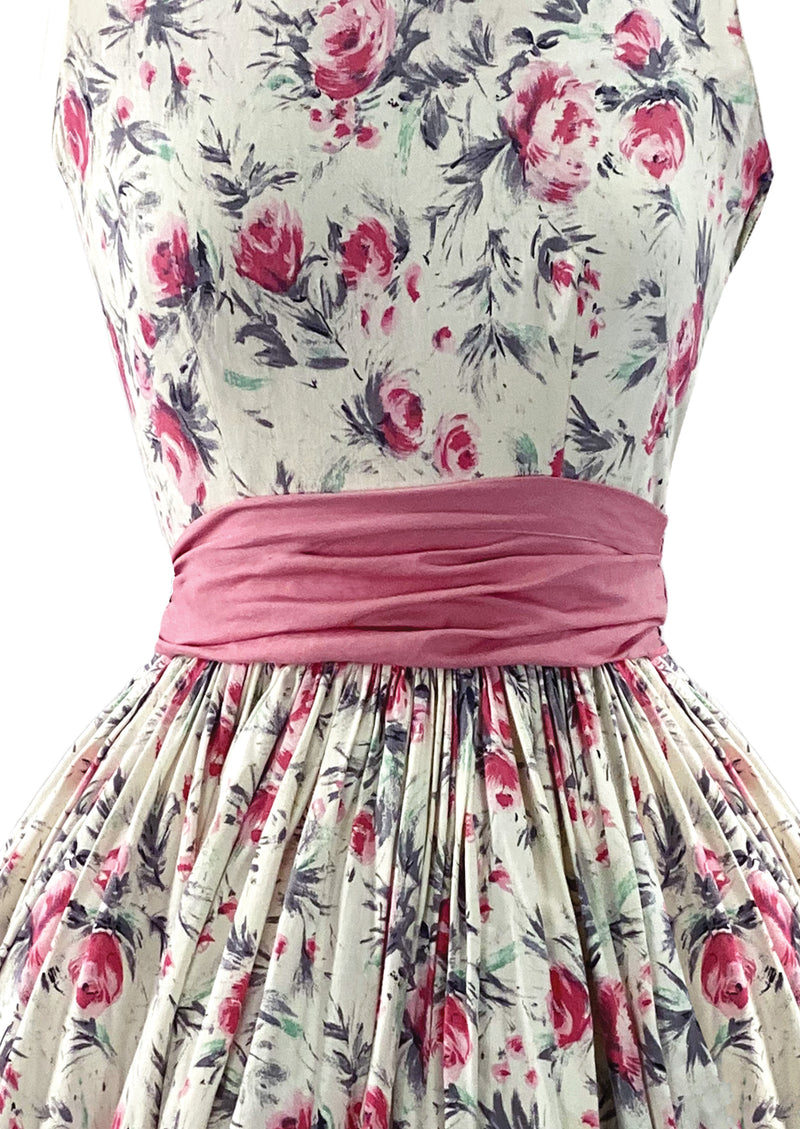 Vintage Late 1950s British Cotton Designer Dress with Pink Roses - New!