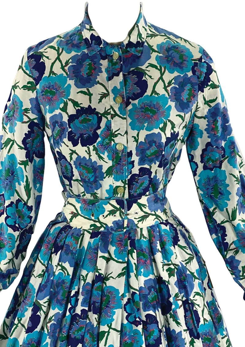 Late 1950s to Early 1960s Blue Floral Cotton Dress- New!
